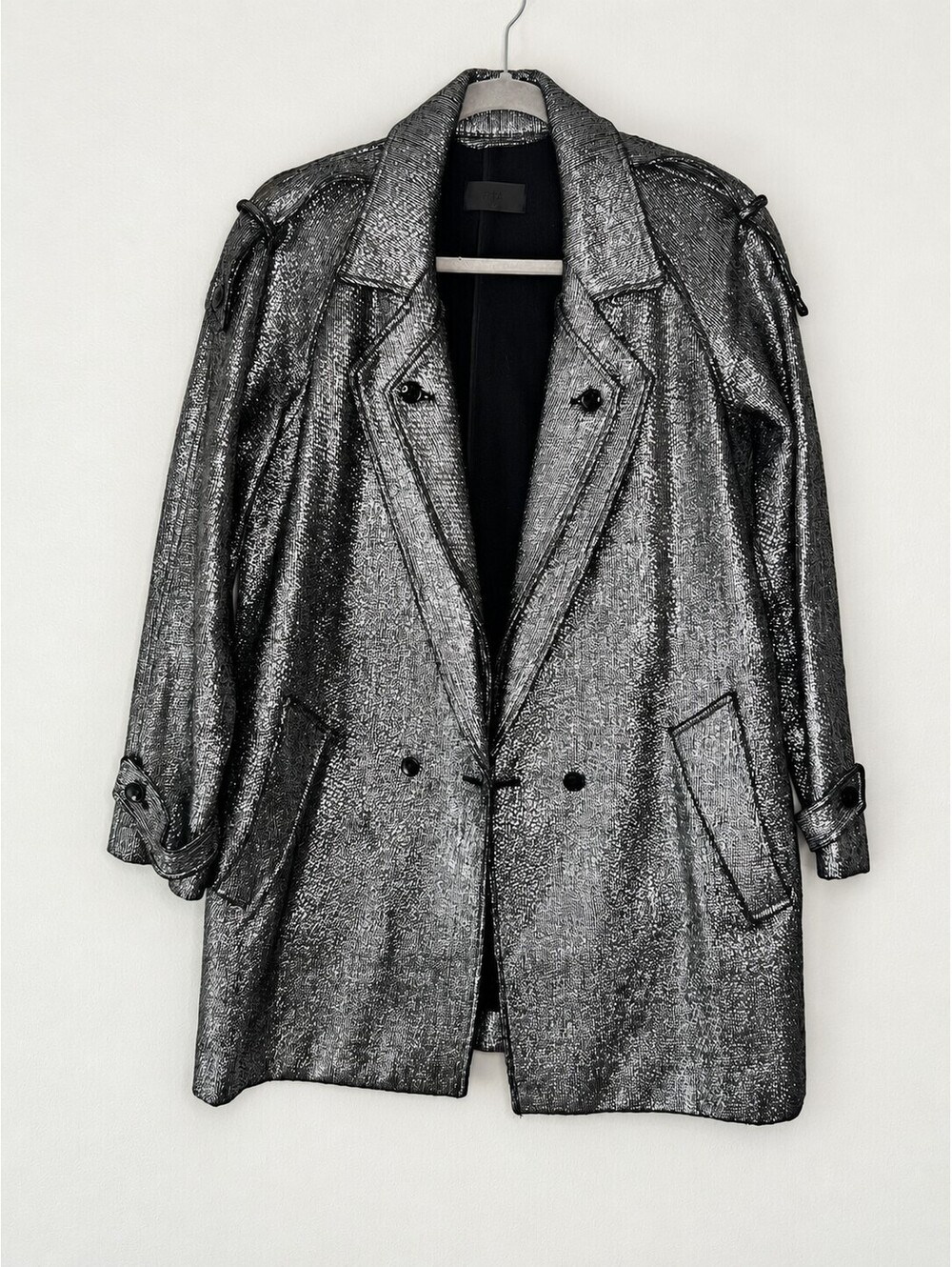 RtA Metallic Silver Double Breasted Longline Trench Blazer Coat M